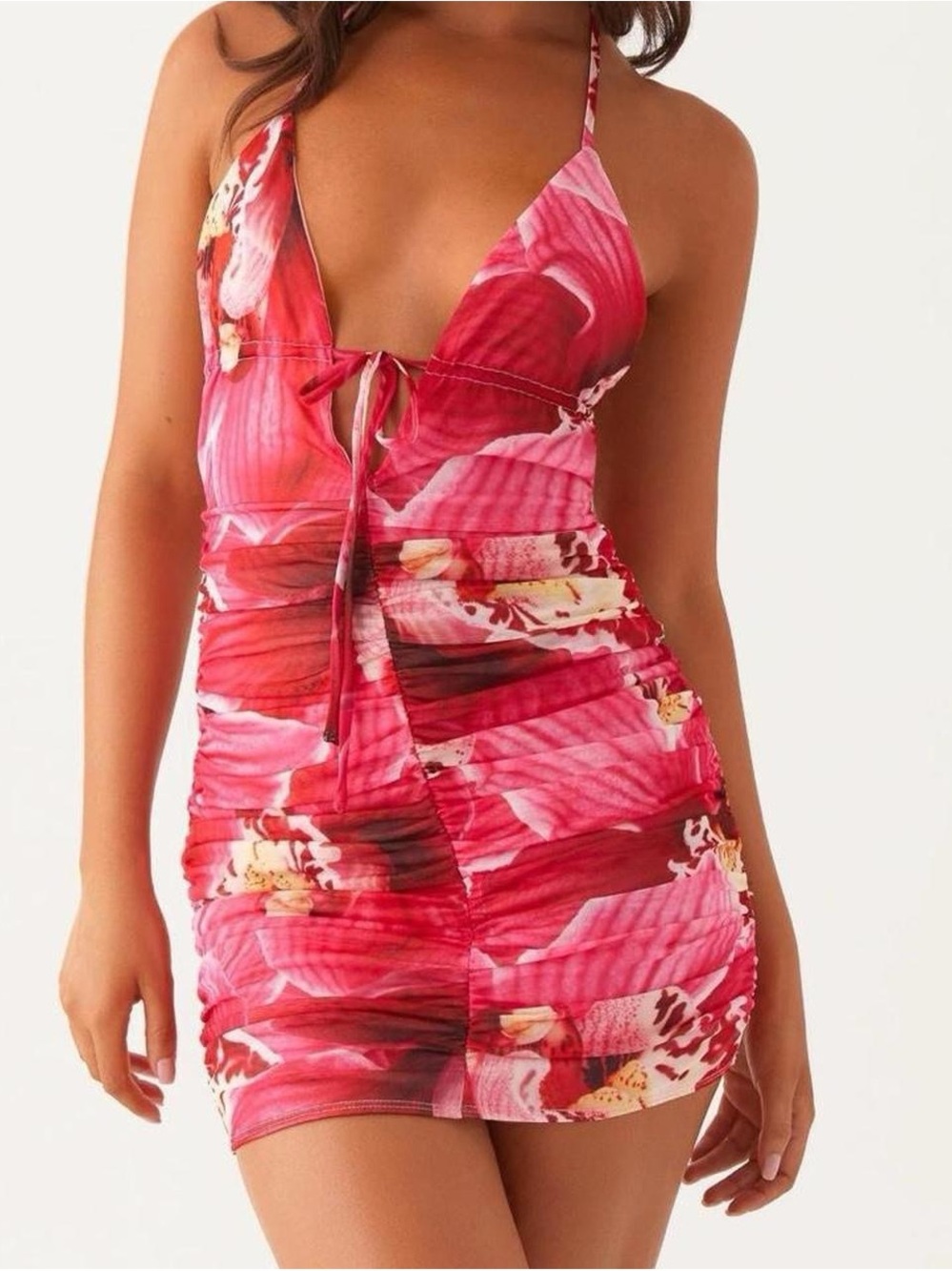 Peppermayo Red Pink Floral Tie-Front Mini Dress